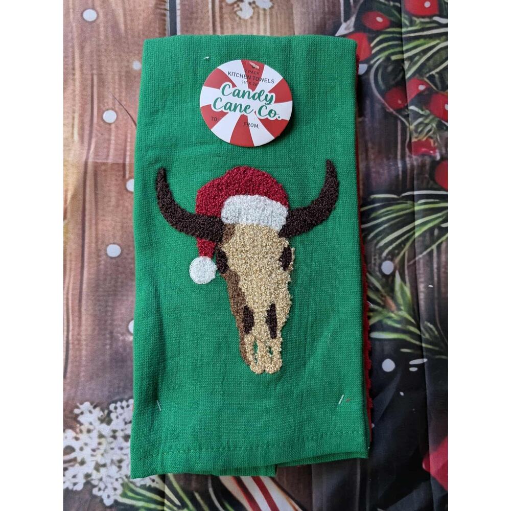 Candy Cane Co. Cow Christmas Kitchen Towels Set of 2 Green & Red Holiday Decor